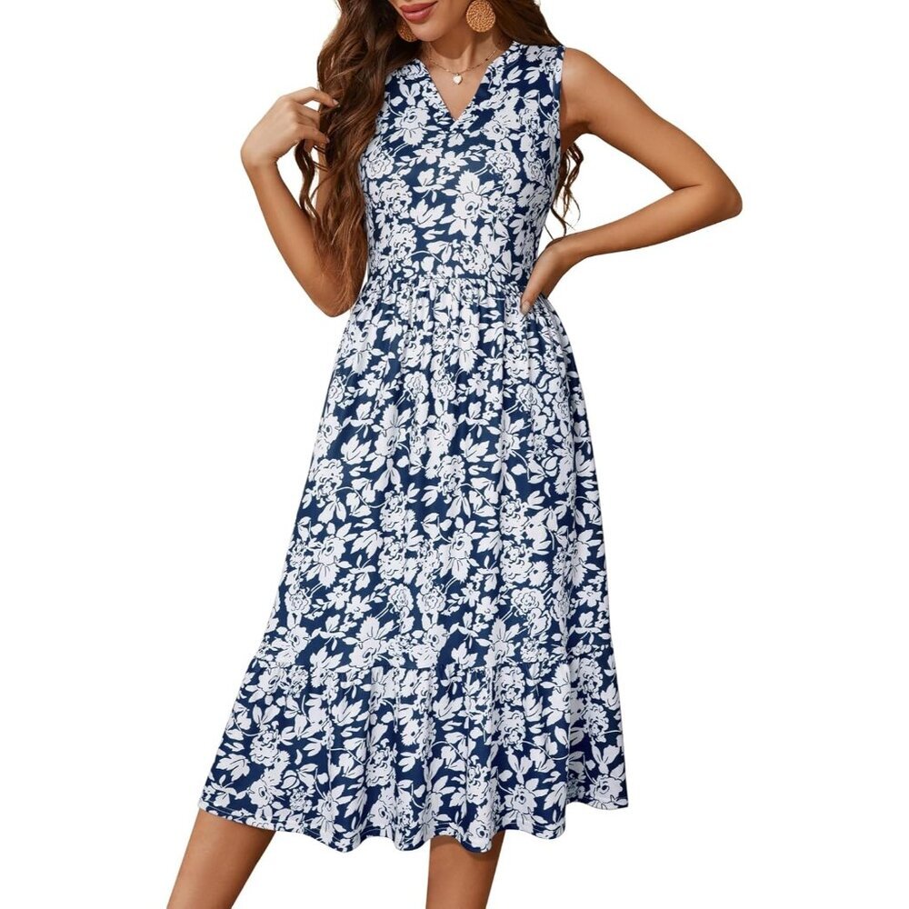 Women's Summer Midi Dress Soft Stretchy Fabric Notched Neck Pockets